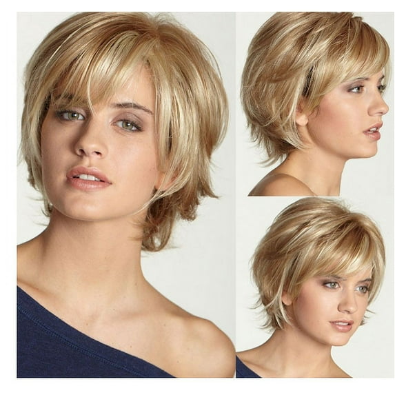 WXLCISI Woman Fashion Short Straight Hair Light Blonde Short Layered Wavy Full Synthetic Wig Blonde Highlights Silk Hair Towel