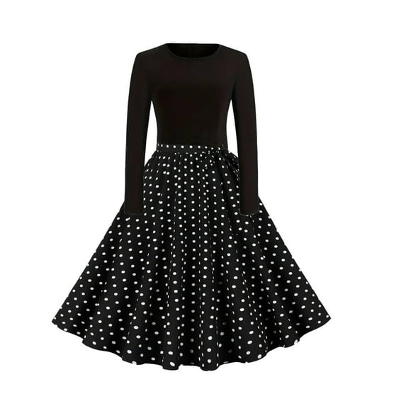 WXLWZYWL 1940s Style Dresses for Women A Line Swing Dress Long Sleeve Round Neck Retro Rockabilly Cocktail Dress Work Dress Tea Dress
