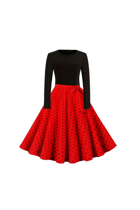 1940s Style Dresses for Women A Line Swing Dress Long Sleeve Round Neck Retro Rockabilly Cocktail Dress Work Dress Tea Dress