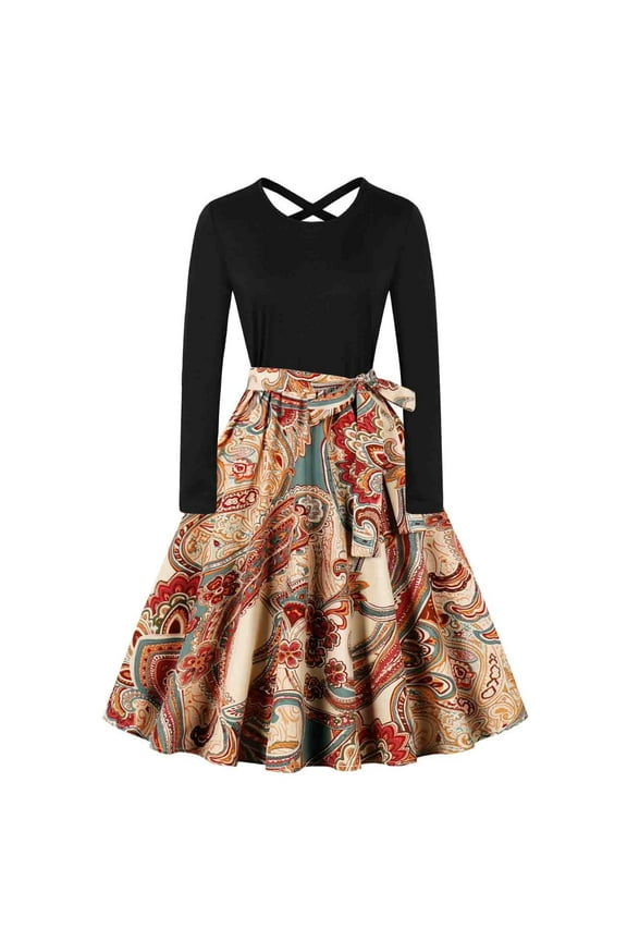 1950s Vintage Christmas Dress for Women Christmas Trees Print Patchwork Plus Size Long Sleeve Prom Dress with Belt