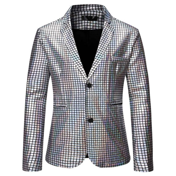 WXLWZYWL Men's 70s Disco Jacket Sequin Blazer Shiny Party Prom Outfit Dress Shirt Sequins Long Sleeve Button Down Shirt Luxury Disco Party Nightclub Christmas Prom Costume