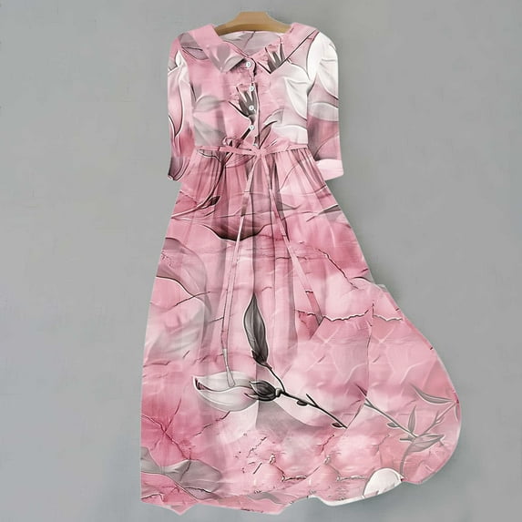 WXLWZYWL Fall Dresses for Women Casual Spring 3/4 Sleeve Dress Button up Lapel Dress Floral Print Boho Dress Flowy Dress