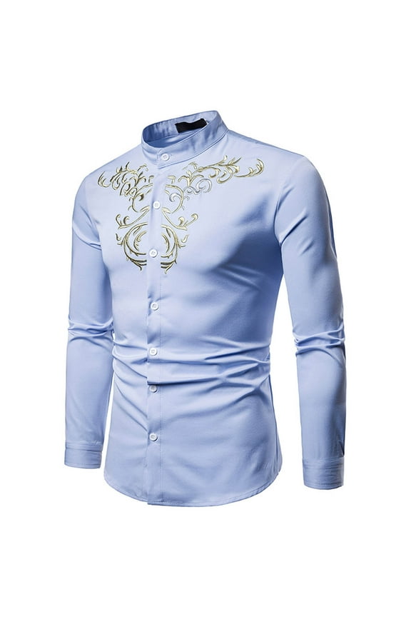 Gold Embroidered Men's Chinese Shirts Mandarin Collar Shirts Long Sleeve Button Down Floral Design Retro Dress Shirts Court Tuxedo Shirts