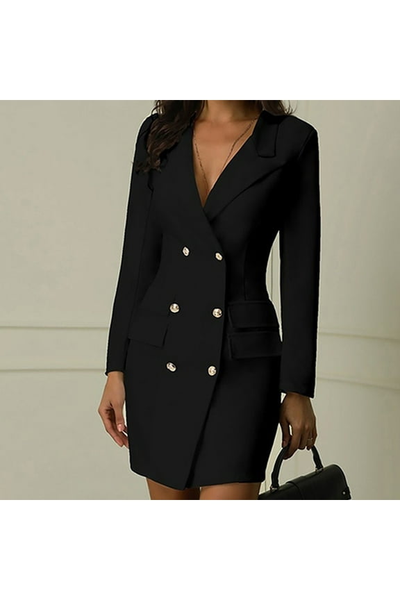 Women Blazer Set Solid Color Long Sleeve Notch Lapel Double Breasted Button Blazer Dress with Pockets Casual Work Office Events Blazer Dresses