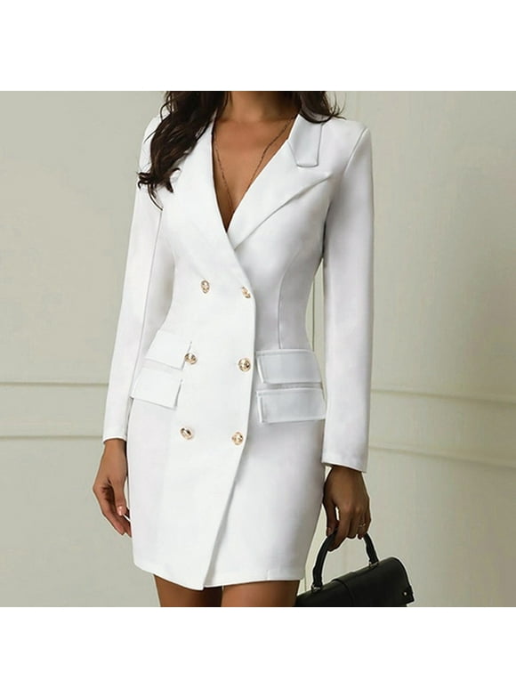 Women Blazer Set Solid Color Long Sleeve Notch Lapel Double Breasted Button Blazer Dress with Pockets Casual Work Office Events Blazer Dresses