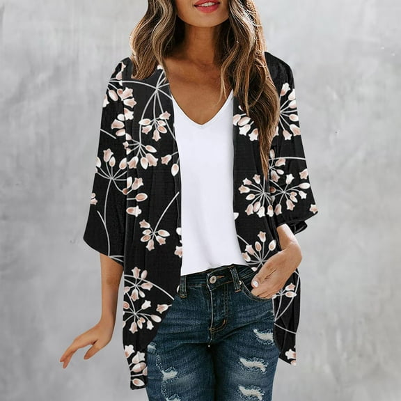 WXLWZYWL Women's Chiffon Kimono Loose Casual Open Front Cover Ups Floral Print Lightweight Chiffon Kimono Cardigan Short Sleeve Beach Wear Cover Up Blouse Tops