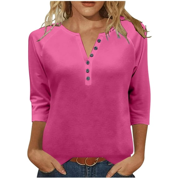 WXLWZYWL 3/4 Length Sleeve Womens Tops Button up V Neck T Shirts Solid Color Loose Fitted Blouses