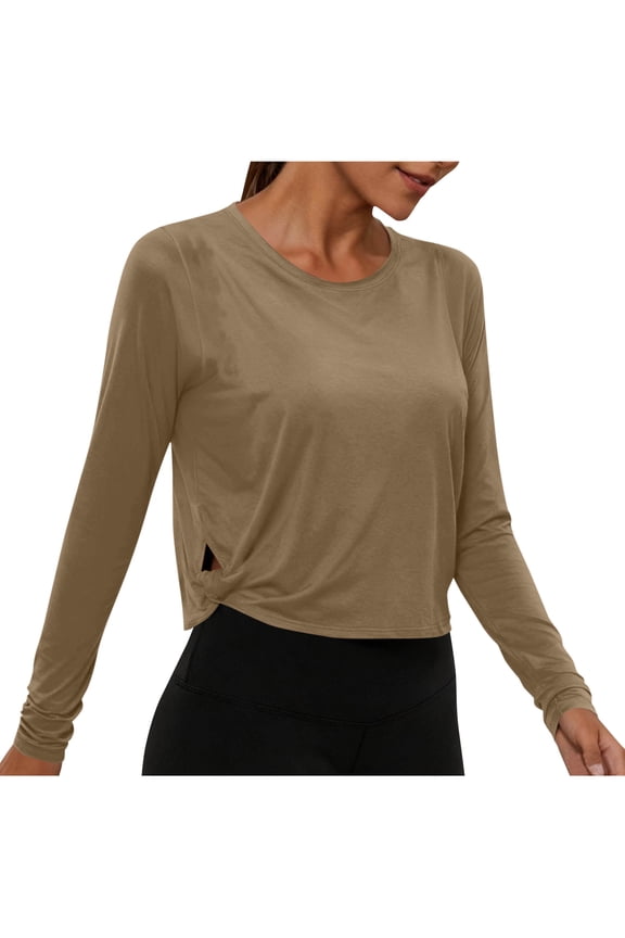 Athletic Tops for Women Long Sleeve Cropped Yoga Tops Crewneck Loose Fitted Runing Gym Tees