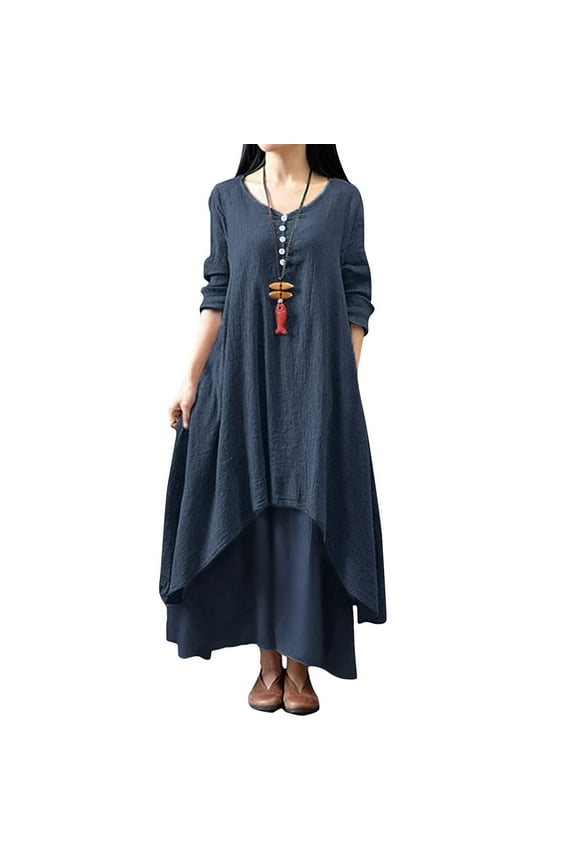 Boho Dress for Women Long Sleeve Cotton Casual Loose Plus Size Irregular Hem Maxi Dress Flowy Floral Printed Long Dresses