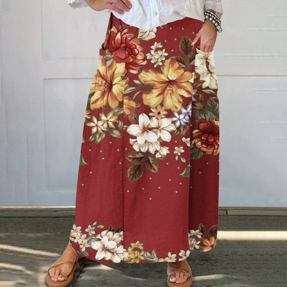 WXLWZYWL Boho Maxi Skirts for Women Plus Size Trendy Fall 2024 Long Beach Skirts High Waisted Floral Renaissance Skirt with Pockets