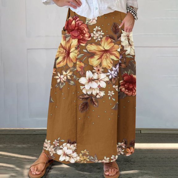 WXLWZYWL Boho Maxi Skirts for Women Plus Size Trendy Fall 2024 Long Beach Skirts High Waisted Floral Renaissance Skirt with Pockets