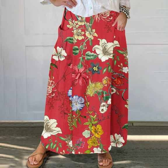 WXLWZYWL Boho Maxi Skirts for Women Plus Size Trendy Fall 2024 Long Beach Skirts High Waisted Floral Renaissance Skirt with Pockets