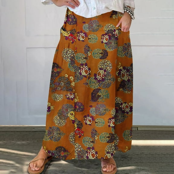 WXLWZYWL Boho Maxi Skirts for Women Plus Size Trendy Fall 2024 Long Beach Skirts High Waisted Floral Renaissance Skirt with Pockets