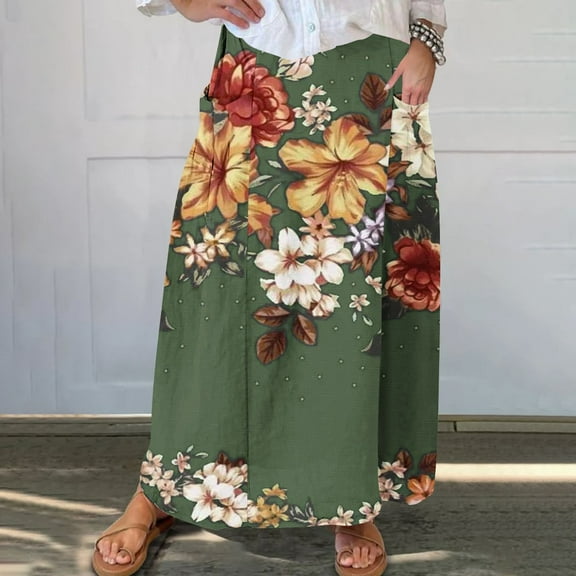 WXLWZYWL Boho Maxi Skirts for Women Plus Size Trendy Fall 2024 Long Beach Skirts High Waisted Floral Renaissance Skirt with Pockets