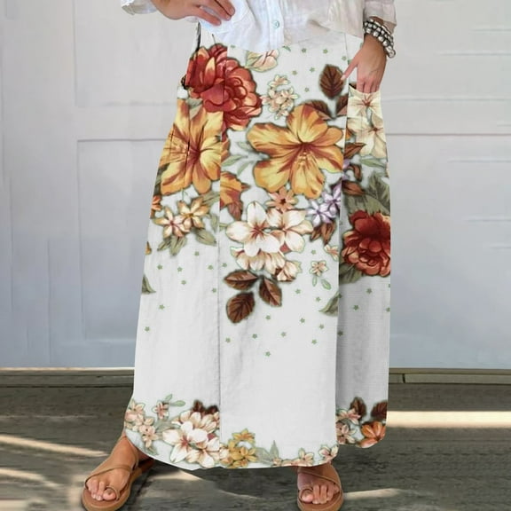 WXLWZYWL Boho Maxi Skirts for Women Plus Size Trendy Fall 2024 Long Beach Skirts High Waisted Floral Renaissance Skirt with Pockets