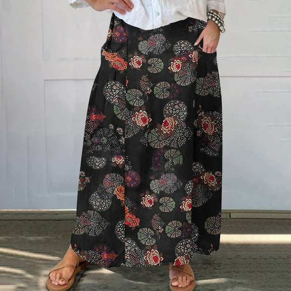 WXLWZYWL Boho Maxi Skirts for Women Plus Size Trendy Fall 2024 Long Beach Skirts High Waisted Floral Renaissance Skirt with Pockets