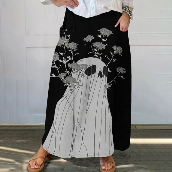 WXLWZYWL Boho Maxi Skirts for Women Plus Size Trendy Fall 2024 Long Beach Skirts High Waisted Floral Renaissance Skirt with Pockets