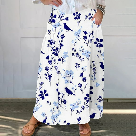 WXLWZYWL Boho Maxi Skirts for Women Plus Size Trendy Fall 2024 Long Beach Skirts High Waisted Floral Renaissance Skirt with Pockets