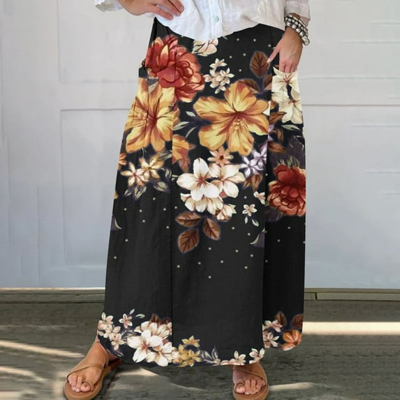 WXLWZYWL Boho Maxi Skirts for Women Plus Size Trendy Fall 2024 Long Beach Skirts High Waisted Floral Renaissance Skirt with Pockets
