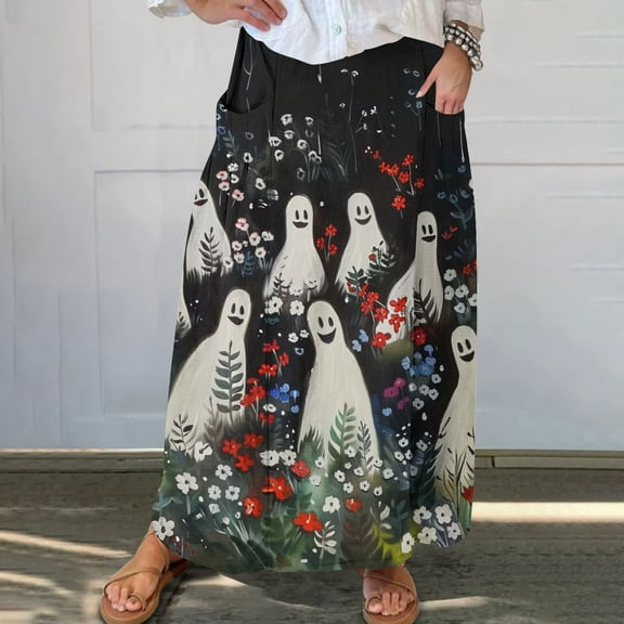 WXLWZYWL Boho Maxi Skirts for Women Plus Size Trendy Fall 2024 Long Beach Skirts High Waisted Floral Renaissance Skirt with Pockets