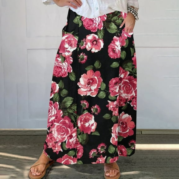 WXLWZYWL Boho Maxi Skirts for Women Plus Size Trendy Fall 2024 Long Beach Skirts High Waisted Floral Renaissance Skirt with Pockets
