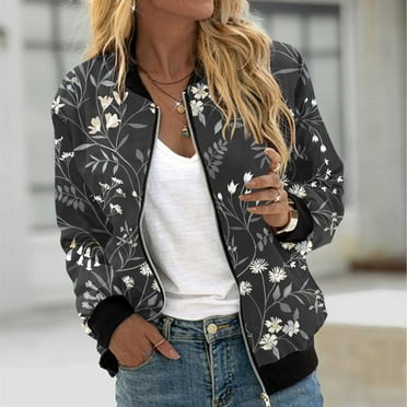 WXLWZYWL Bomber Jacket Women Plus Size 2024 Casual Floral Lightweight Jackets Trendy Zip Up Coat Outwear with Pockets