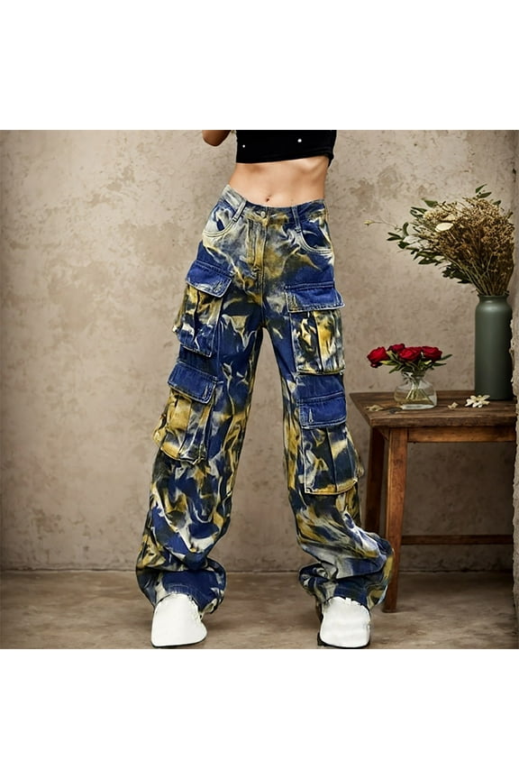 Camo Cargo Pants for Women Cargo Jeans Y2K High Waisted Baggy Jeans Straight Wide Leg Cargo Pants Trousers Streetwear