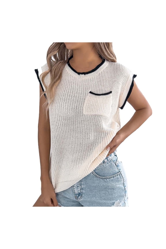 Cap Sleeve Sweaters for Women Round Neck Knit Tops Solid Color Lightweight Loose Fitted Knitwear
