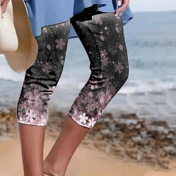 WXLWZYWL Capri Leggings for Women Tummy Control Cropped Floral Print Pants Knee Length High Waisted Lightwieght Casual Slim Fit Comfy Gradient Yoga Capris