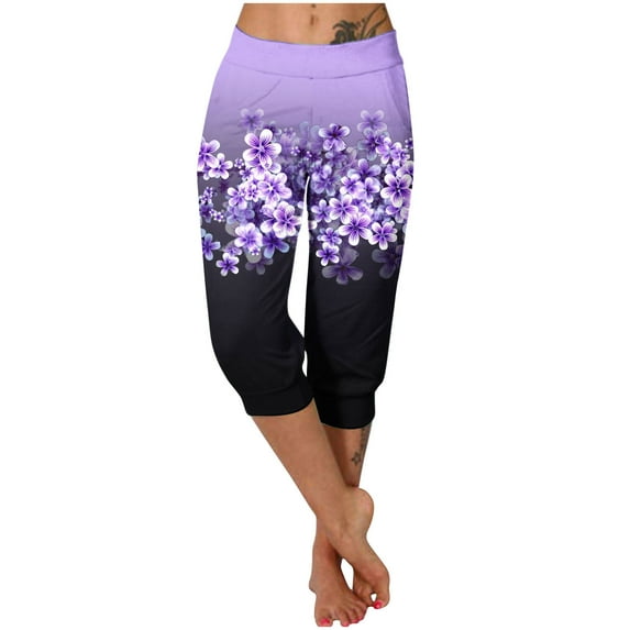 WXLWZYWL Capri Pants for Women 2024 Resort Wear Lightweight Trendy Beach Breathable Flowy Relaxed Fit Floral Elastic Pant Causal Boho Sweatpants Workout Running Pants with Pockets