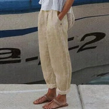 WXLWZYWL Capri Pants for Women Plus Size 2024 Summer Casual Drawstring Elastic High Waist Straight Wide Leg Cotton Linen Pants Loose Trousers with Pockets