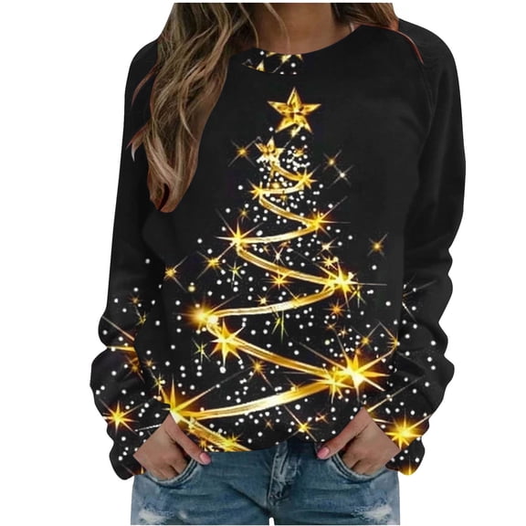 WXLWZYWL Christmas Blouse Women Fashion Casual Print Round Neck Loose Long Sleeve Sweatshirts