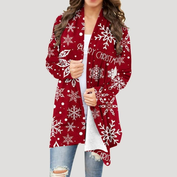 WXLWZYWL Christmas Cardigans for Women Loose Fit Open Front Cardigan Cute Reindeer Long Sleeve Lightweight Draped Sweater Outwear