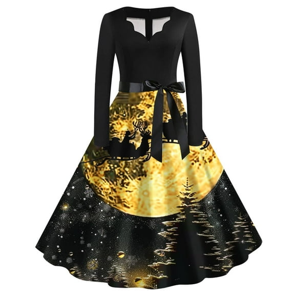 WXLWZYWL Christmas Dress Long Sleeve V Neck Womens Cocktail Pleated Prom Dresses with Belt 2024 Winter Holiday Clothes