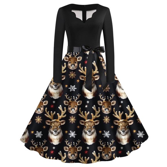 WXLWZYWL Christmas Dresses for Women Long Sleeve V Neck Cocktail Swing Dress Xmas Printed Party Midi Dress 1950s Vintage Dress