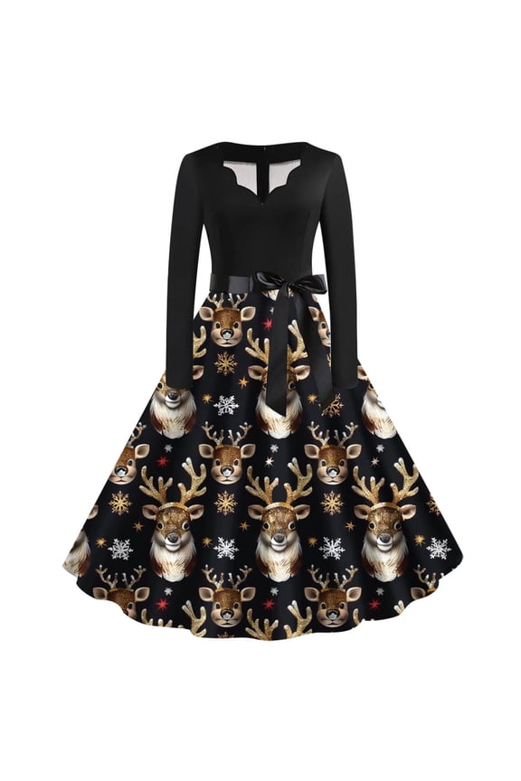 Christmas Dresses for Women Long Sleeve V Neck Cocktail Swing Dress Xmas Printed Party Midi Dress 1950s Vintage Dress