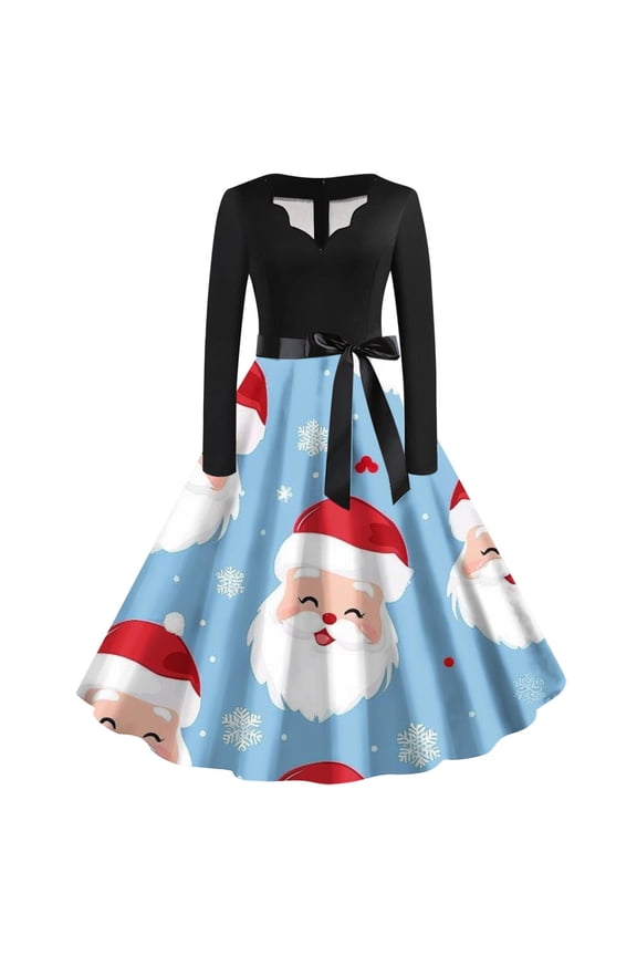 Christmas Dresses for Women Long Sleeve V Neck Cocktail Swing Dress Xmas Printed Party Midi Dress 1950s Vintage Dress