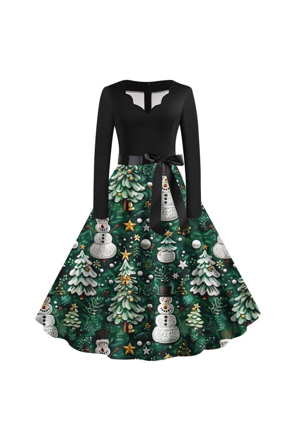 Christmas Dresses for Women Long Sleeve V Neck Cocktail Swing Dress Xmas Printed Party Midi Dress 1950s Vintage Dress