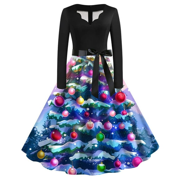 WXLWZYWL Christmas Dresses for Women Long Sleeve V Neck Cocktail Swing Dress Xmas Printed Party Midi Dress 1950s Vintage Dress