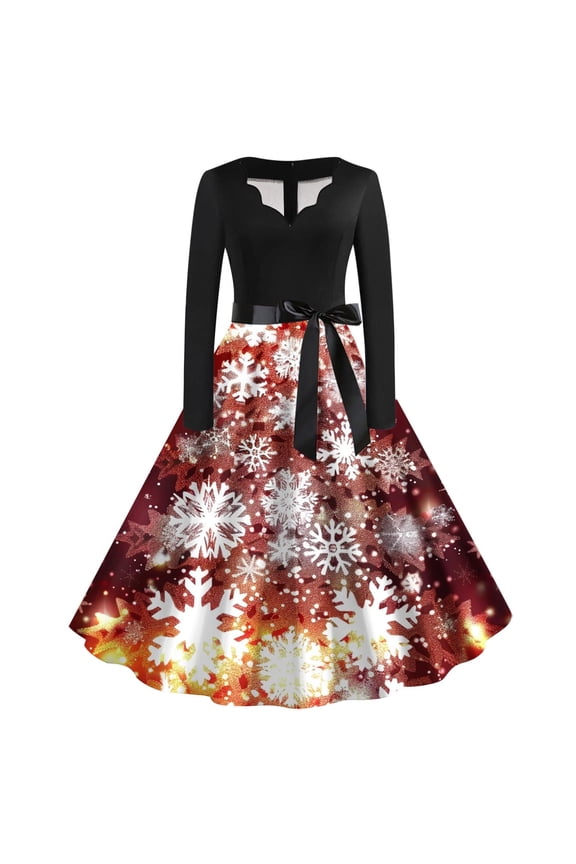 Christmas Dresses for Women Long Sleeve V Neck Cocktail Swing Dress Xmas Printed Party Midi Dress 1950s Vintage Dress