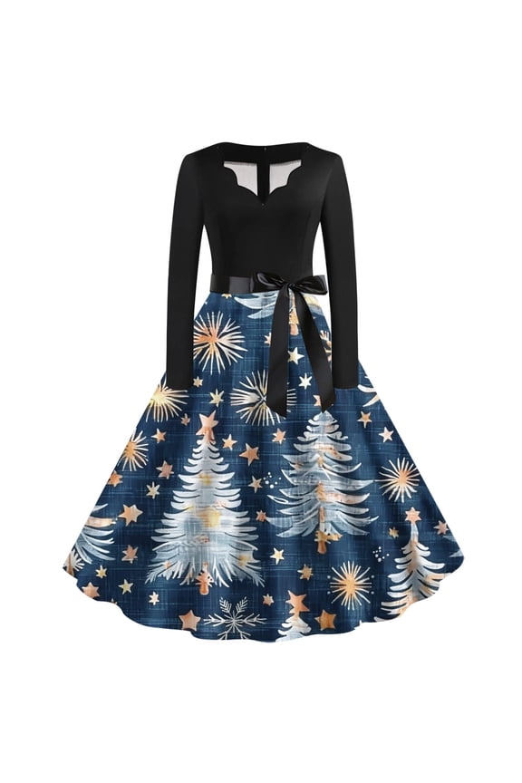 Christmas Dresses for Women Long Sleeve V Neck Cocktail Swing Dress Xmas Printed Party Midi Dress 1950s Vintage Dress