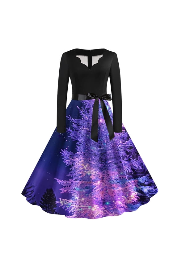 Christmas Dresses for Women Long Sleeve V Neck Cocktail Swing Dress Xmas Printed Party Midi Dress 1950s Vintage Dress