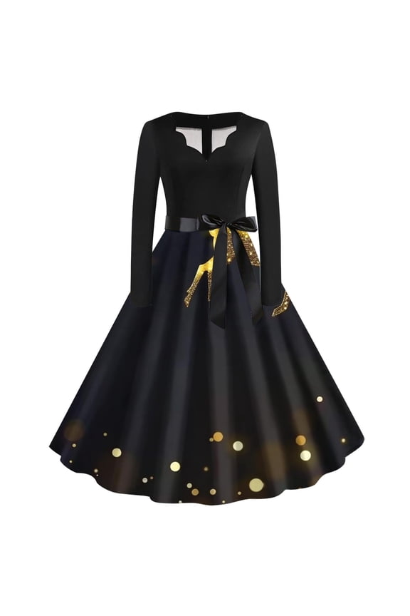 Christmas Dresses for Women Long Sleeve V Neck Cocktail Swing Dress Xmas Printed Party Midi Dress 1950s Vintage Dress