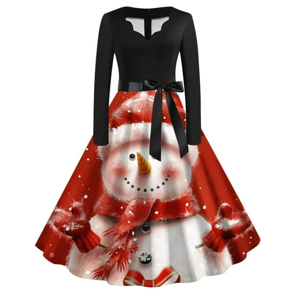 WXLWZYWL Christmas Dresses for Women Long Sleeve V Neck Cocktail Swing Dress Xmas Printed Party Midi Dress 1950s Vintage Dress