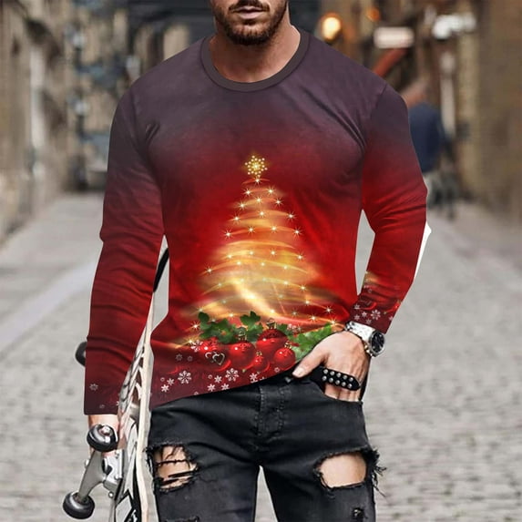 WXLWZYWL Christmas Long Sleeve T-Shirts for Men Funny Xmas Holiday Printed Tops, Vacation Christmas Shirt Crewneck Tees