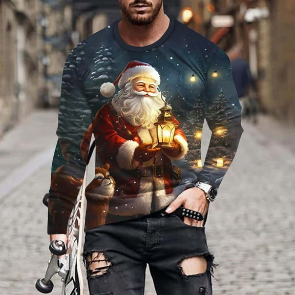 WXLWZYWL Christmas Long Sleeve T-Shirts for Men Funny Xmas Holiday Printed Tops, Vacation Christmas Shirt Crewneck Tees