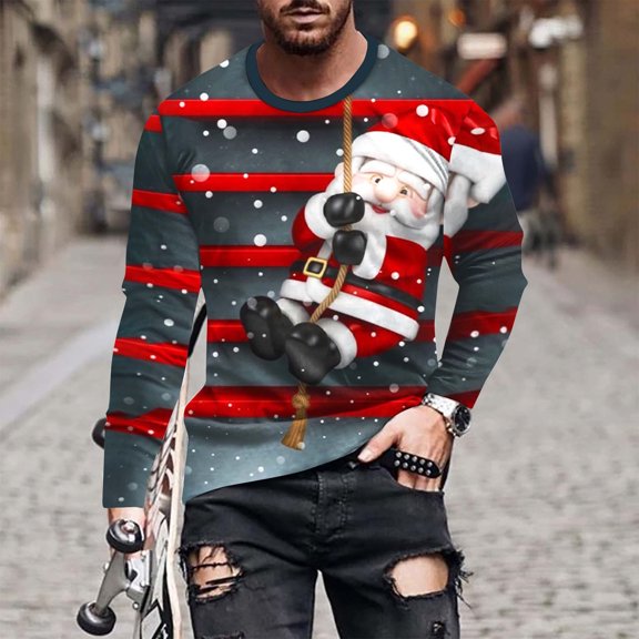 WXLWZYWL Christmas Long Sleeve T-Shirts for Men Funny Xmas Holiday Printed Tops, Vacation Christmas Shirt Crewneck Tees