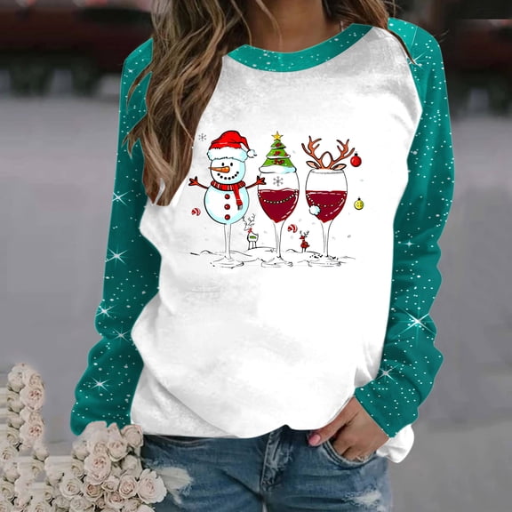 WXLWZYWL Christmas Shirts for Women 2024 Raglan Sleeve Funny Xmas Tree Print Cute Santa Graphic Sweatshirts Loose Fit Pullover