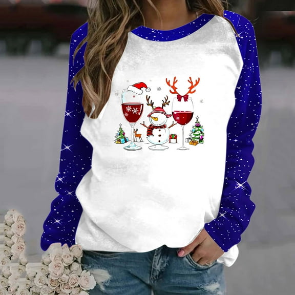 WXLWZYWL Christmas Shirts for Women 2024 Raglan Sleeve Funny Xmas Tree Print Cute Santa Graphic Sweatshirts Loose Fit Pullover