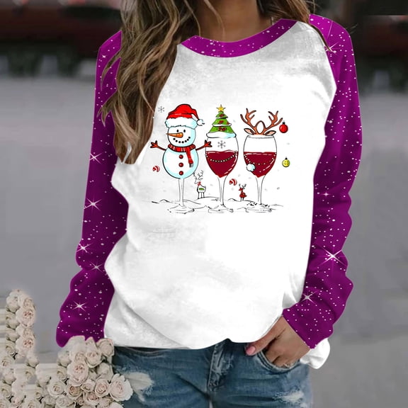 WXLWZYWL Christmas Shirts for Women 2024 Raglan Sleeve Funny Xmas Tree Print Cute Santa Graphic Sweatshirts Loose Fit Pullover